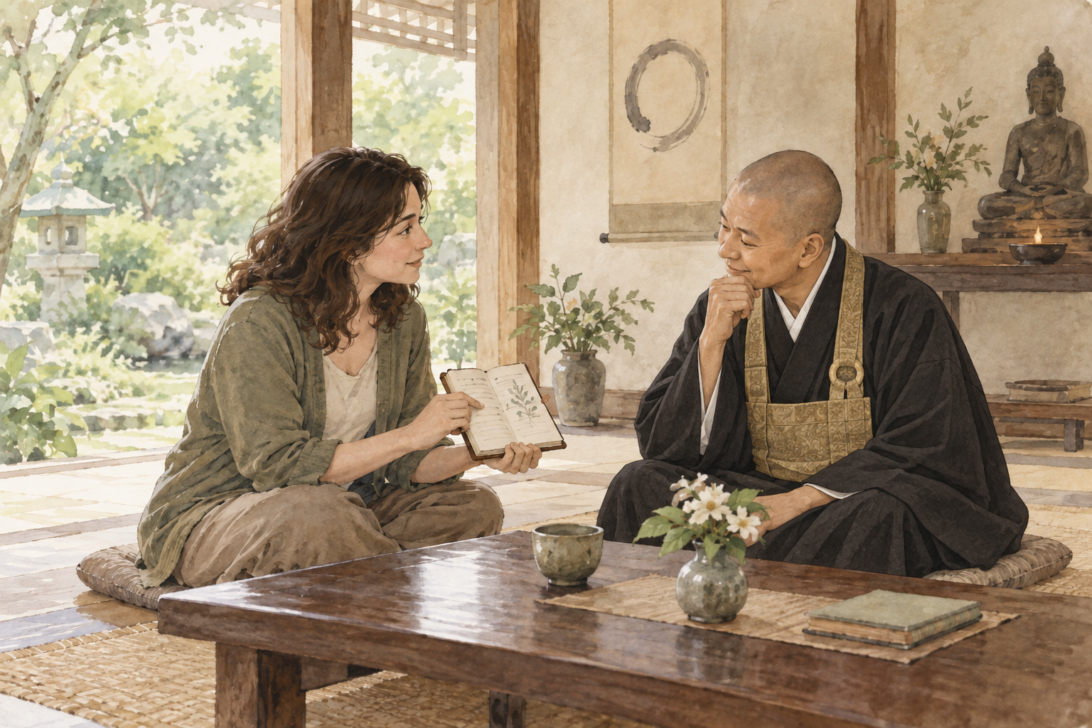 日本のお寺でメモを見せて僧侶に相談する女性