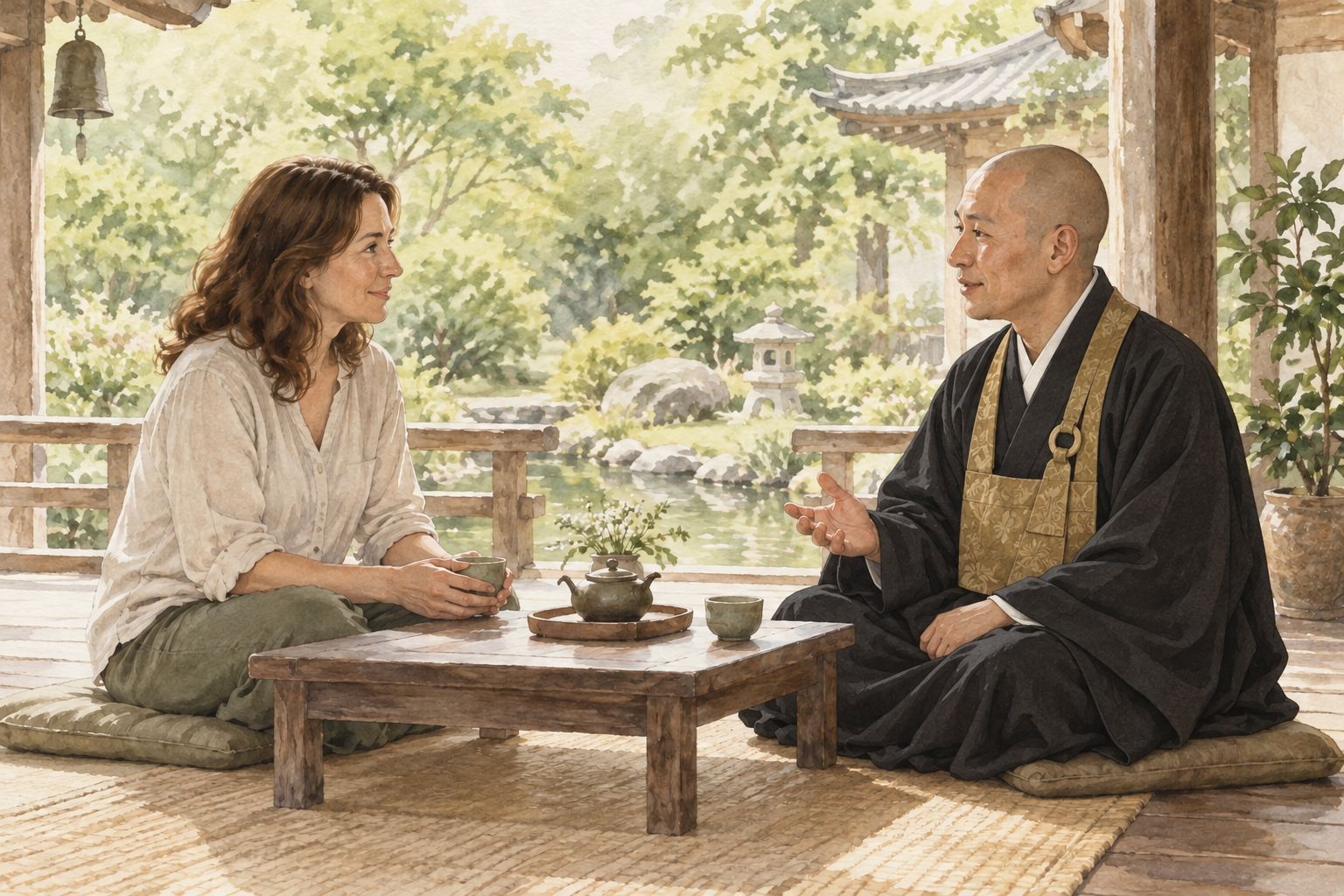 日本のお寺で黒い法衣と袈裟の僧侶に相談する女性