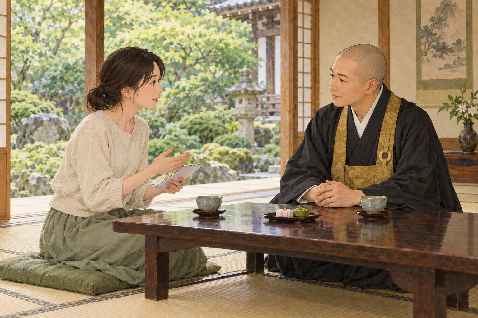 メモを手に、自分のつらさを日本のお坊さんへ伝える女性