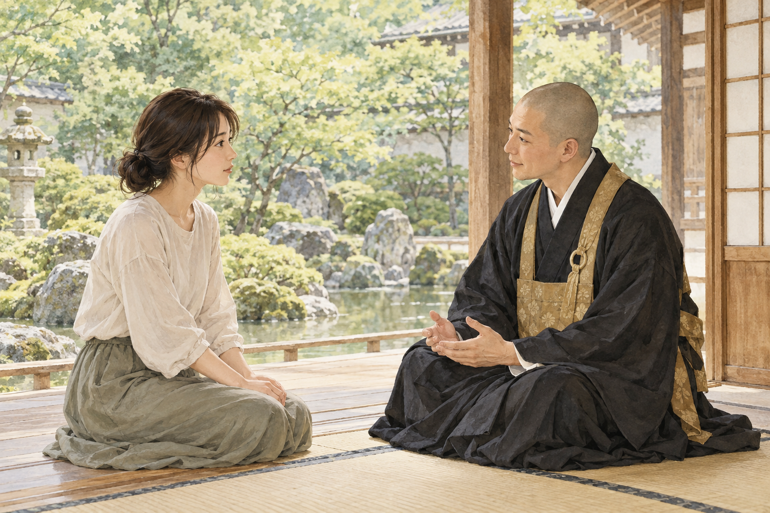 お寺の縁側で、女性の話を穏やかに聴く日本のお坊さん