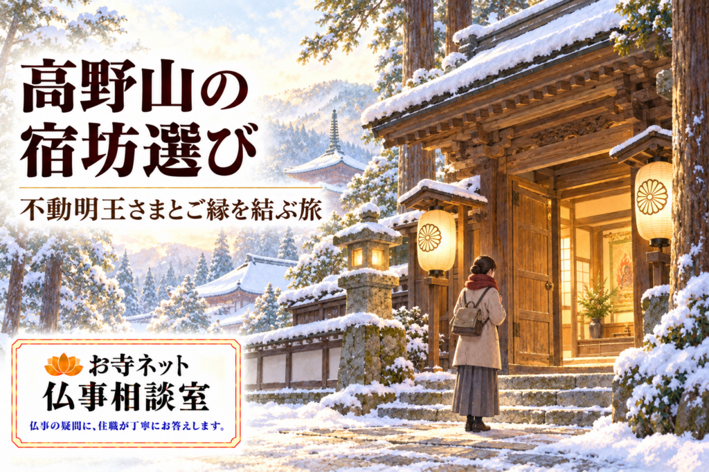 雪景色の山寺へ向かう参拝者と「高野山の宿坊選び」の文字、お寺ネット仏事相談室のロゴ