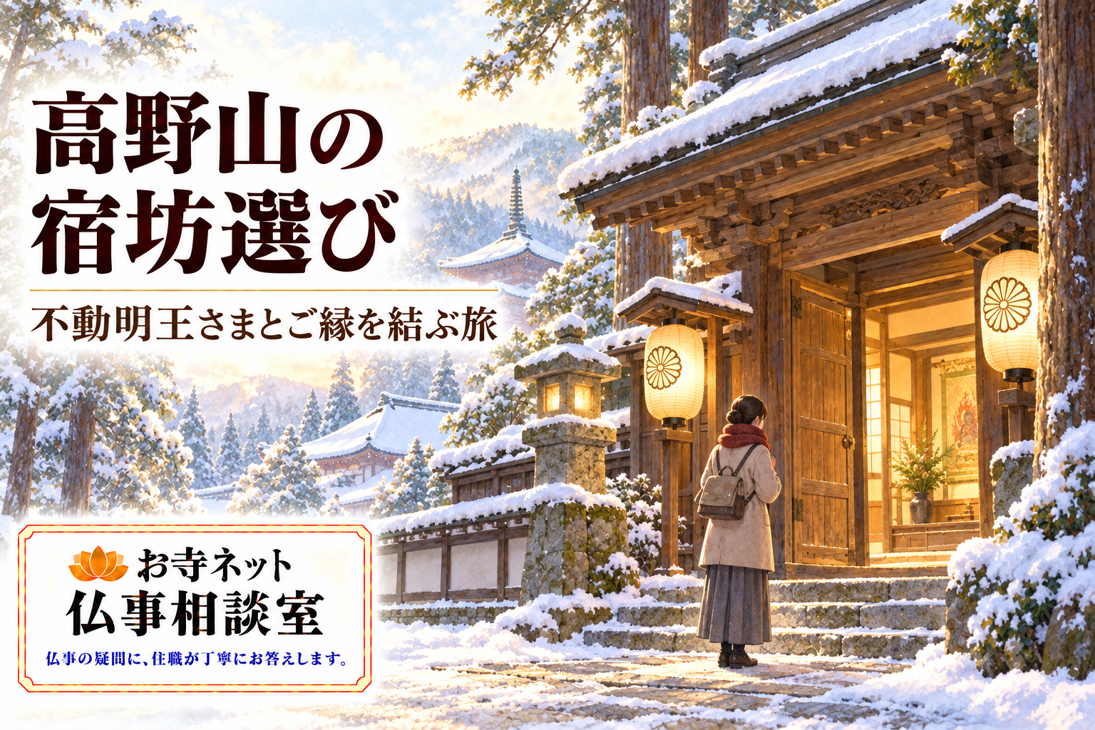 雪景色の山寺へ向かう参拝者と「高野山の宿坊選び」の文字、お寺ネット仏事相談室のロゴ