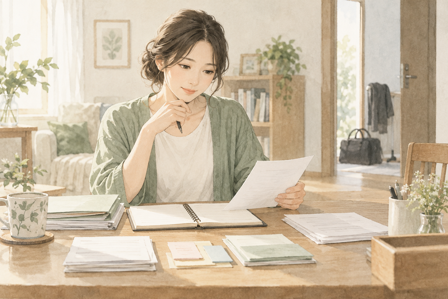 女性が自宅の机で書類とノートを整理する水彩イラスト