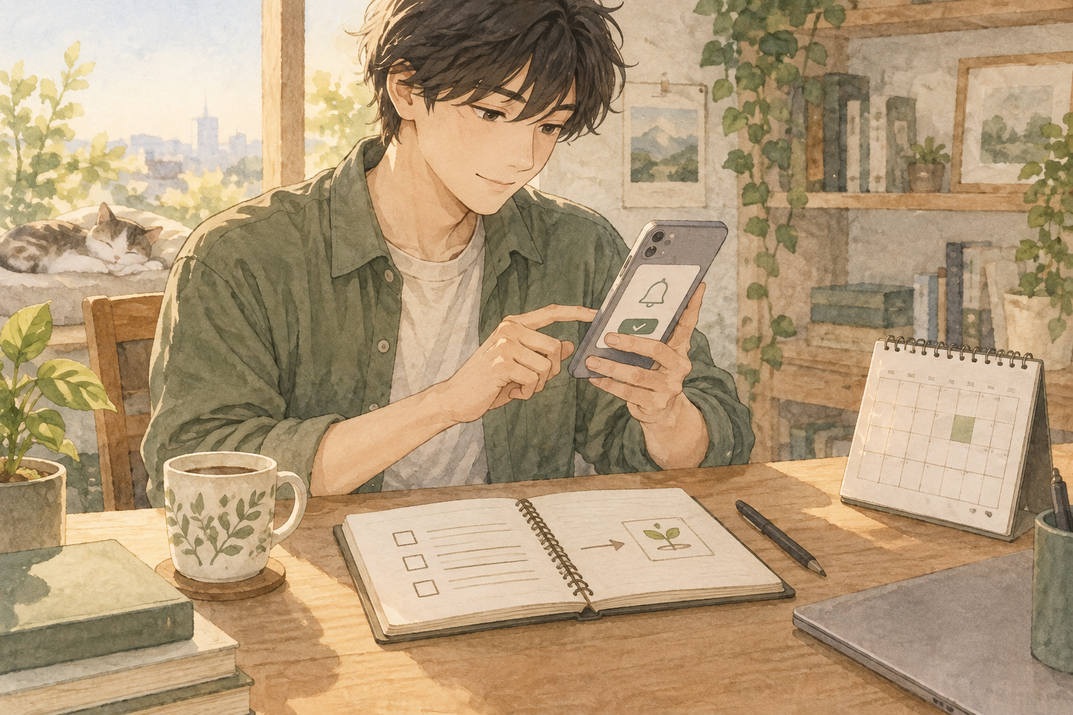 手帳とカレンダーをそばに置き、スマートフォンで通知を設定する若い男性