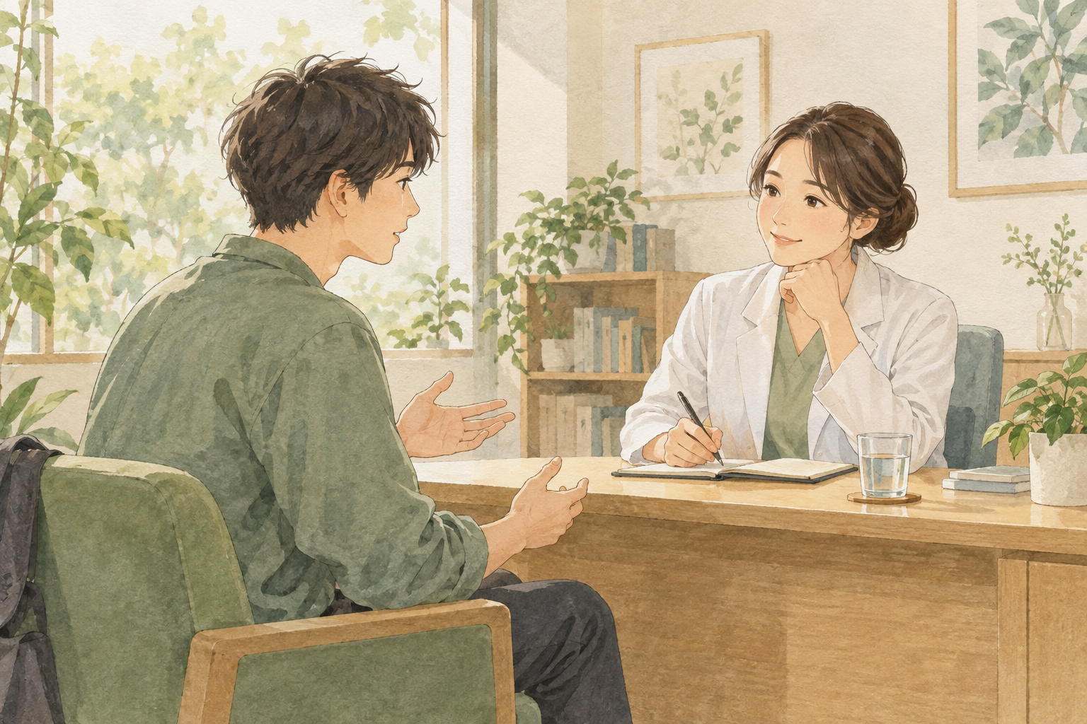 明るい相談室で若い男性の話を医療者が聞く水彩イラスト