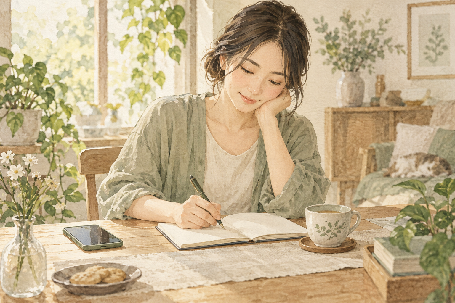 スマートフォンをそばに置き、女性がノートに気持ちを書く水彩イラスト