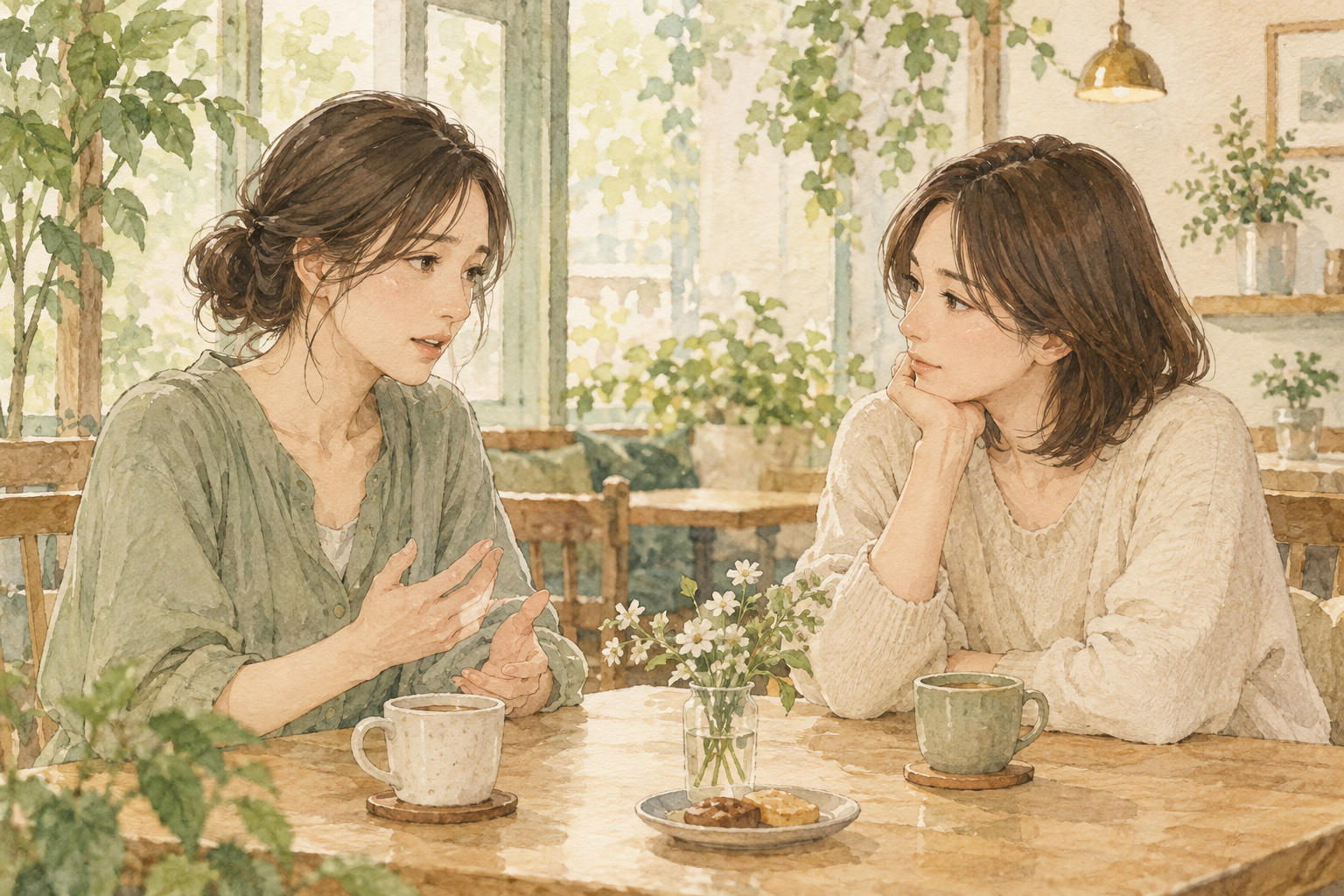 明るいカフェで、女性が恋愛の悩みを聞いてもらう水彩イラスト