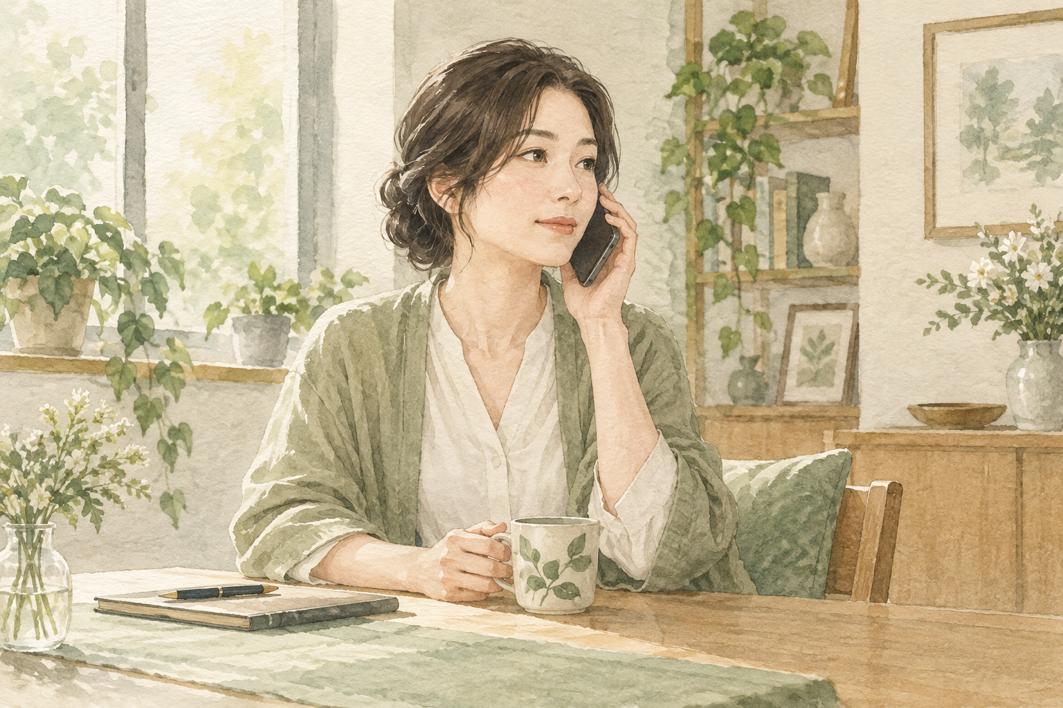 静かな部屋で女性が携帯電話で相談する水彩イラスト