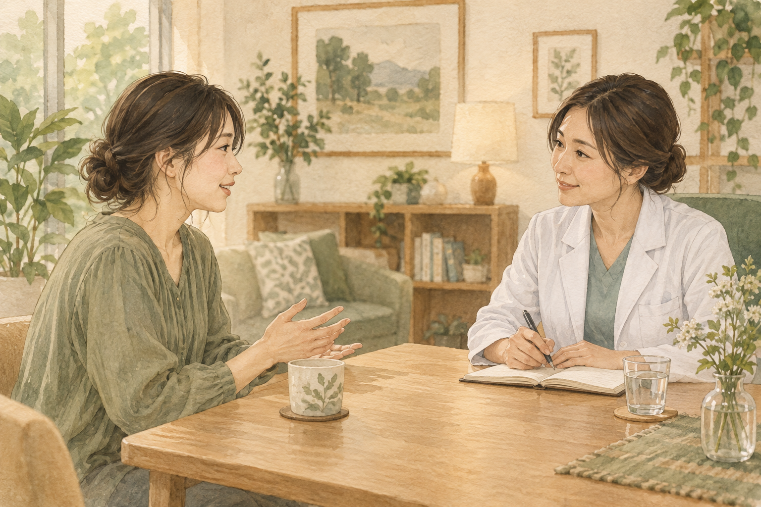 相談室で女性の話を医療者が静かに聞く水彩イラスト