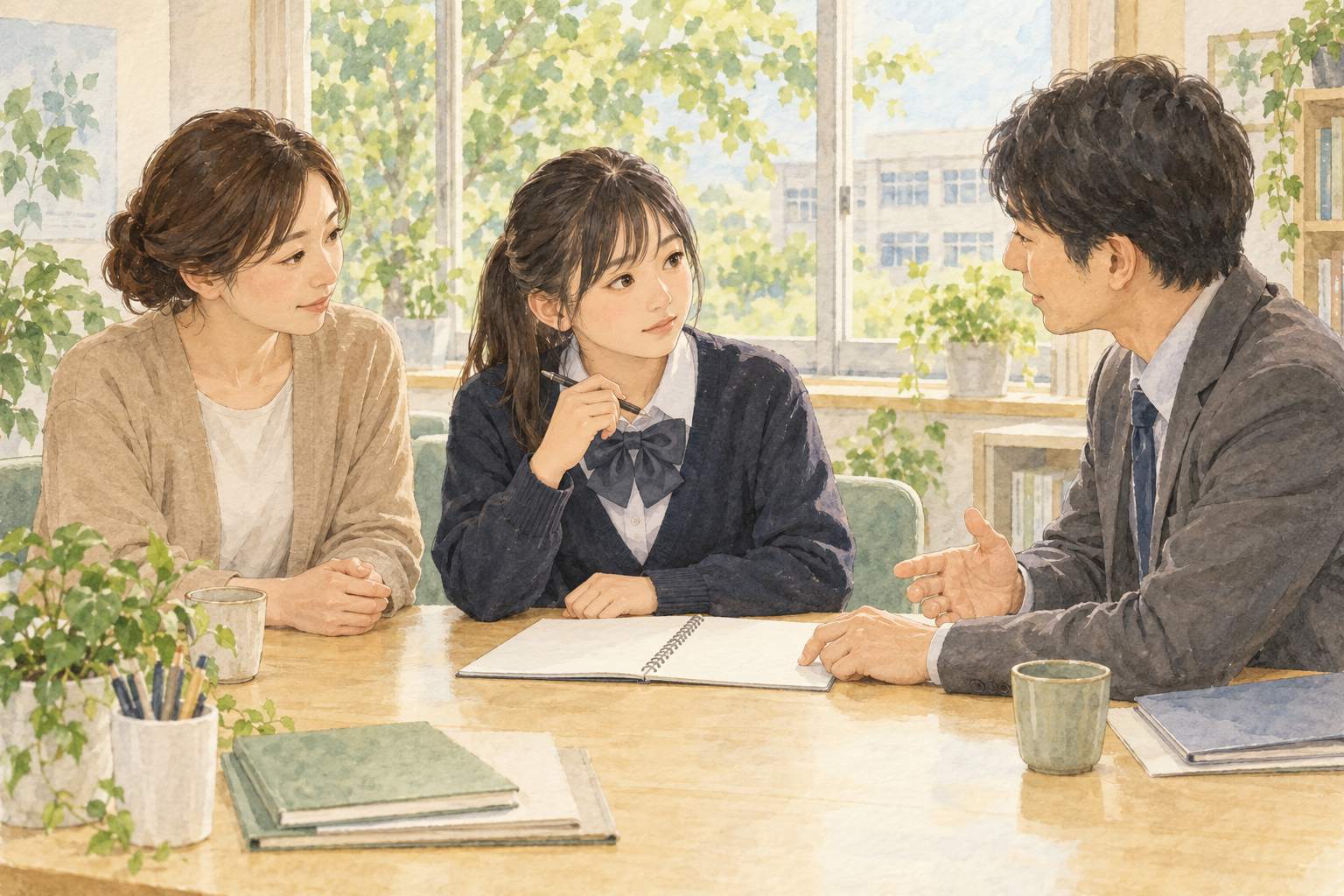女子生徒が保護者と先生と一緒に、ノートを見ながら進学先での支援を相談する様子