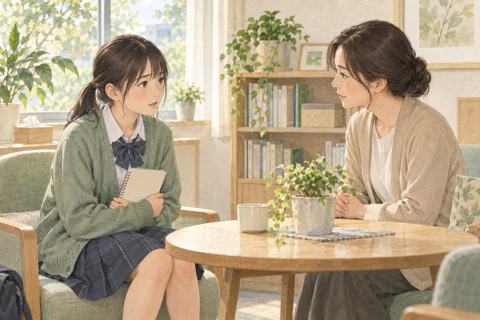 ノートを持つ女子生徒が、明るい相談室で話を聞く大人に不安を伝える様子