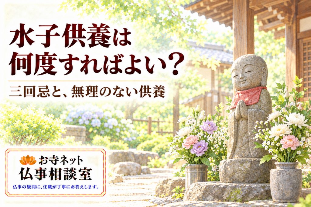 花に囲まれたお寺のお地蔵さまと「水子供養は何度すればよい？」の見出し、お寺ネット仏事相談室のロゴ