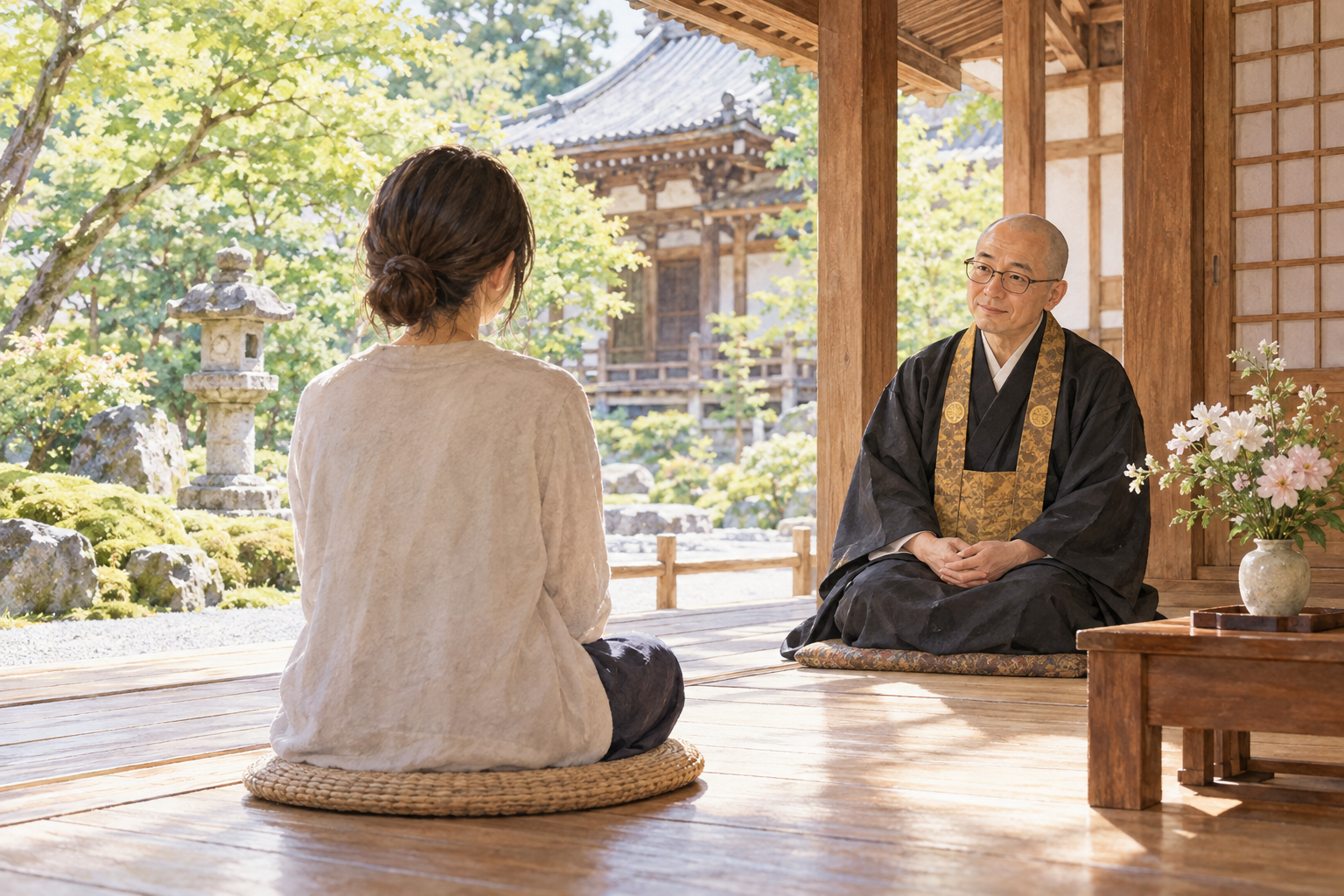 緑の庭に面したお寺の縁側で、僧侶が相談者の話に耳を傾ける様子