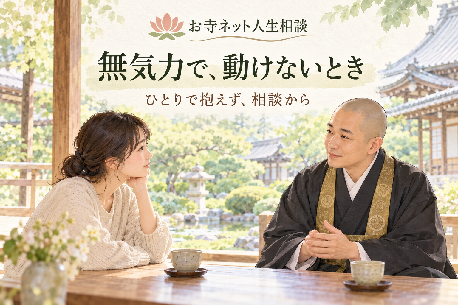 お寺ネット人生相談のロゴと、無気力の悩みを日本のお坊さんに相談する女性