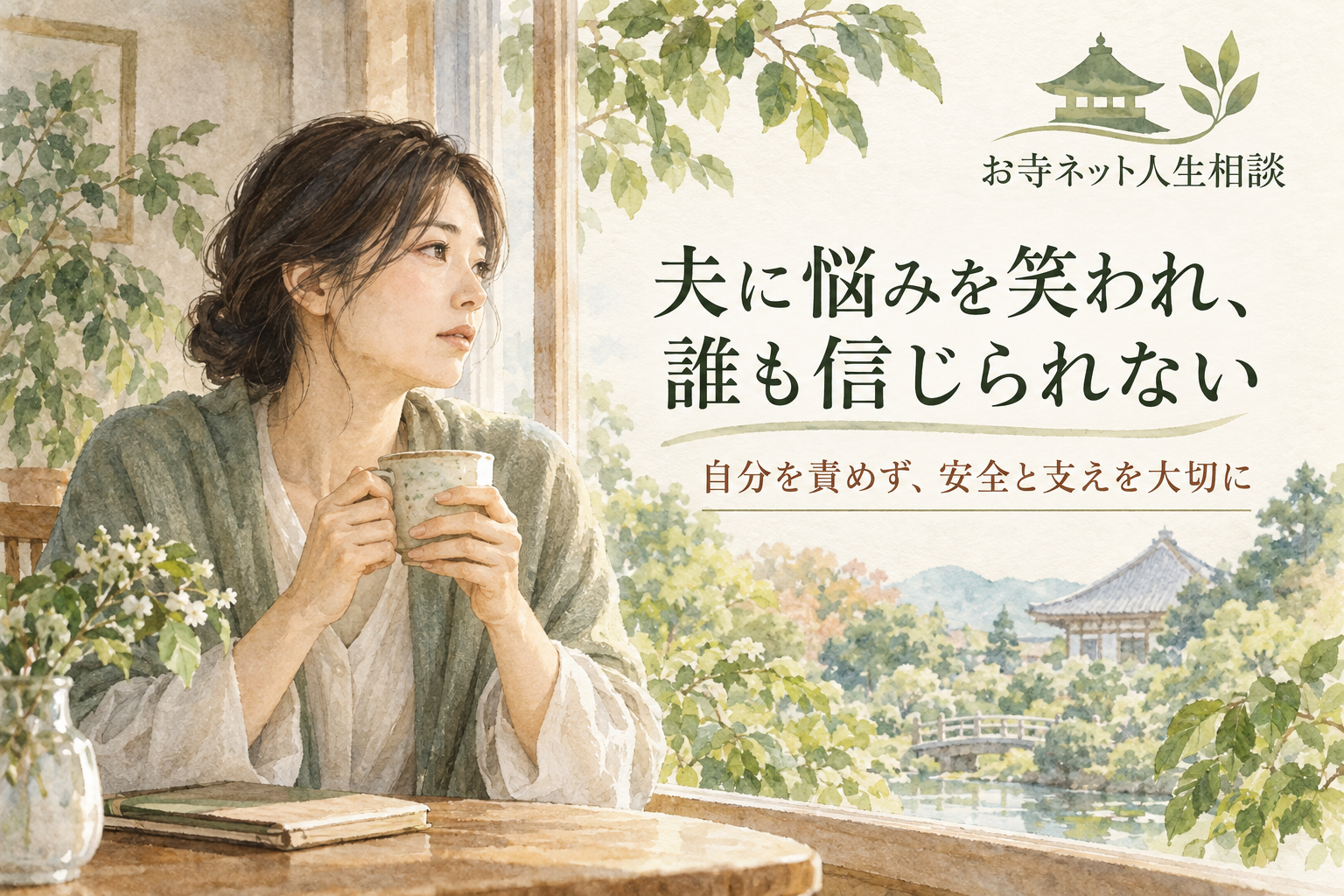 お寺ネット人生相談のロゴと「夫に悩みを笑われ、誰も信じられない」の文字、窓辺でカップを持つ女性
