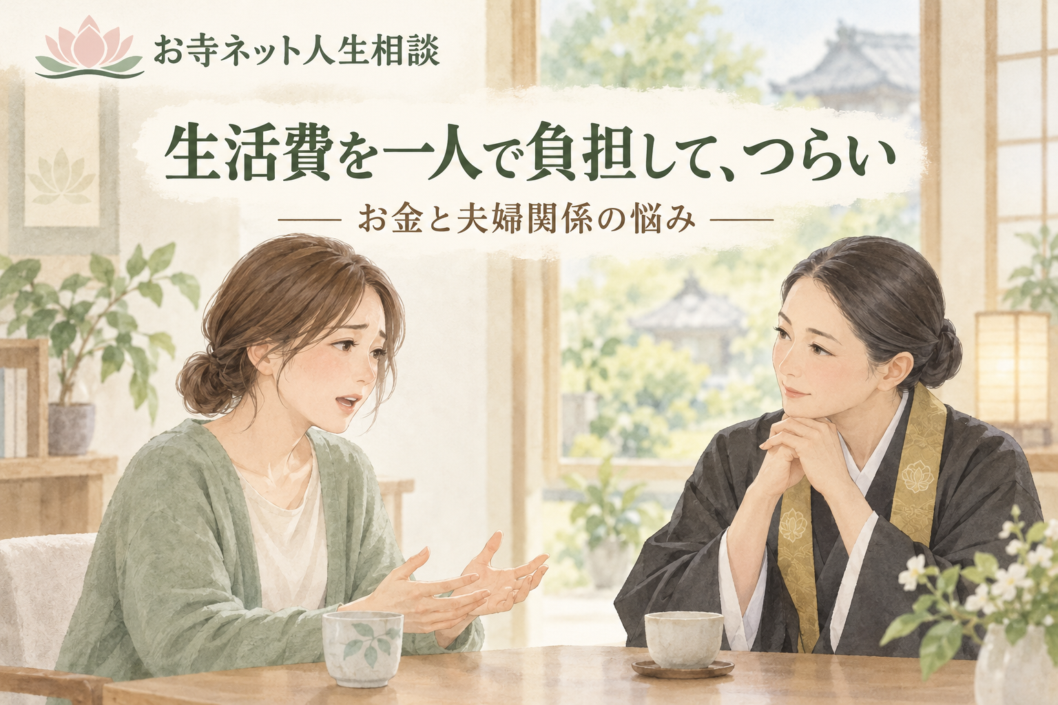 お寺ネット人生相談のロゴと「生活費を一人で負担して、つらい」の文字、悩みを相談する女性の水彩イラスト