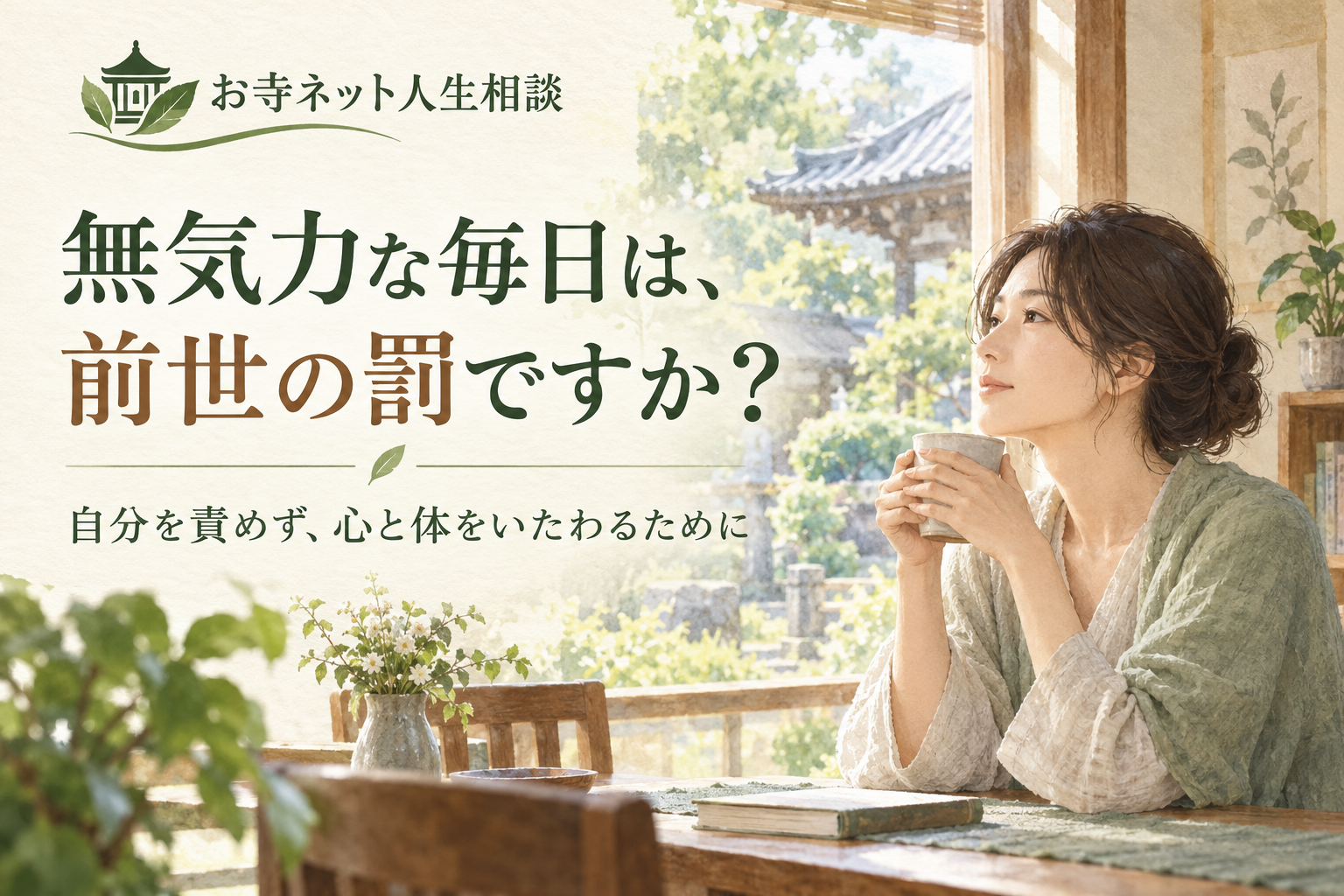 お寺ネット人生相談のロゴと「無気力な毎日は、前世の罰ですか?」の文字、窓辺でカップを持つ女性