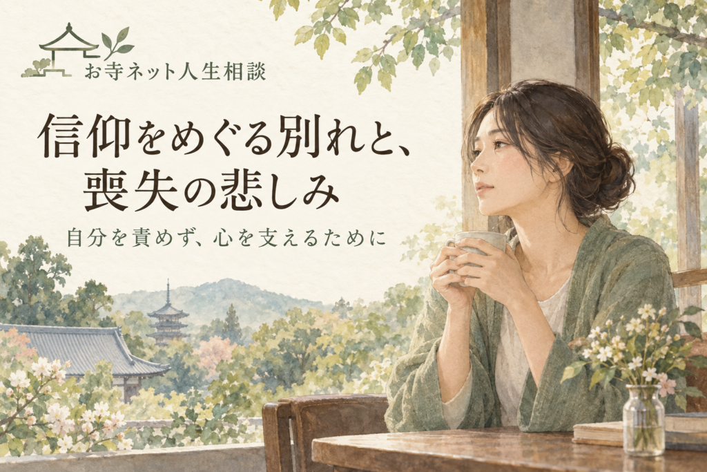 お寺ネット人生相談のロゴと「信仰をめぐる別れと、喪失の悲しみ」の文字、窓辺でカップを持つ女性