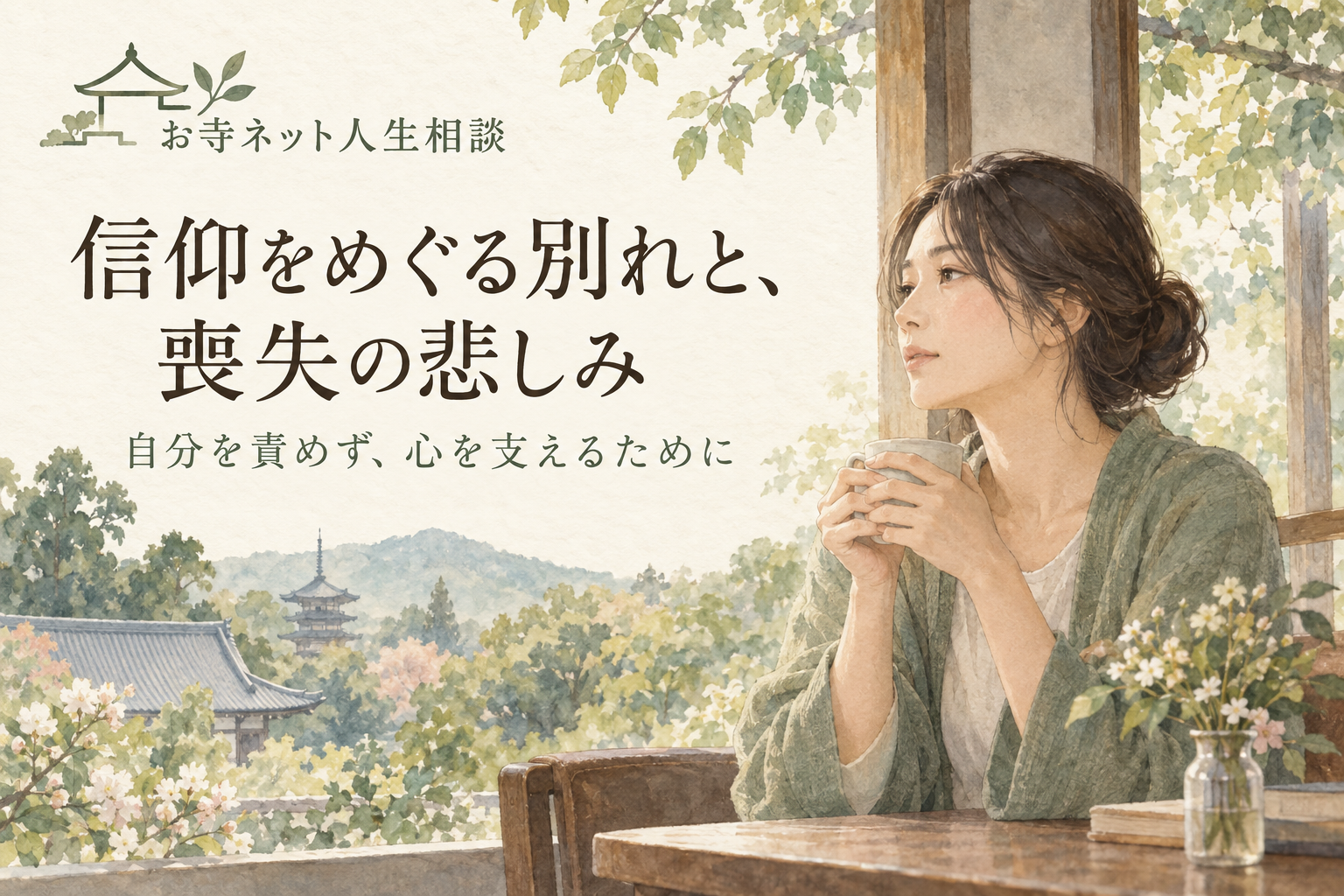 お寺ネット人生相談のロゴと「信仰をめぐる別れと、喪失の悲しみ」の文字、窓辺でカップを持つ女性
