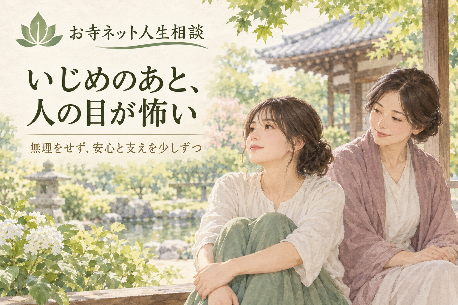 お寺ネット人生相談のロゴと「いじめのあと、人の目が怖い」の文字、庭で同行者と過ごす女性