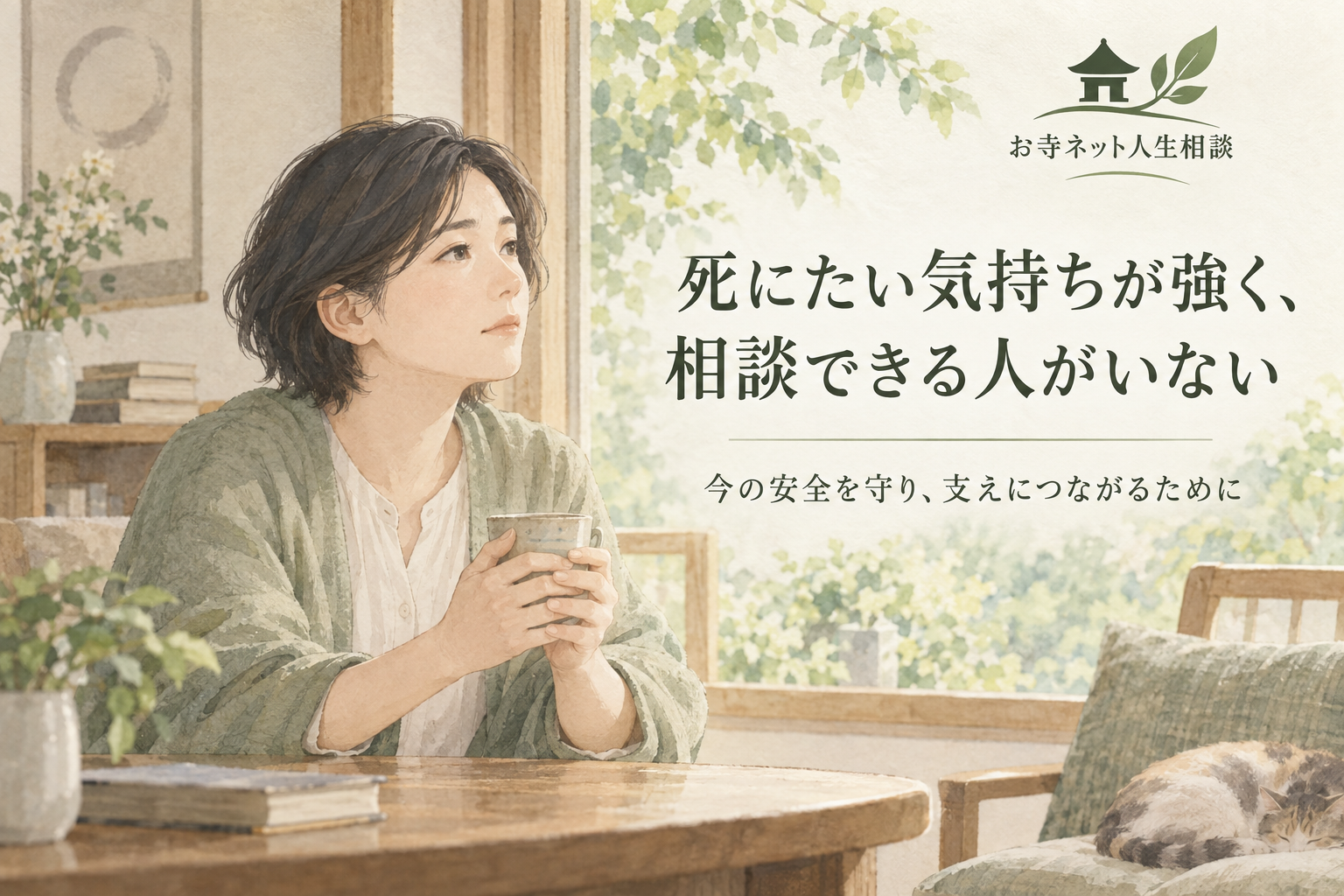 お寺ネット人生相談のロゴと「死にたい気持ちが強く、相談できる人がいない」の文字、カップを持つ成人