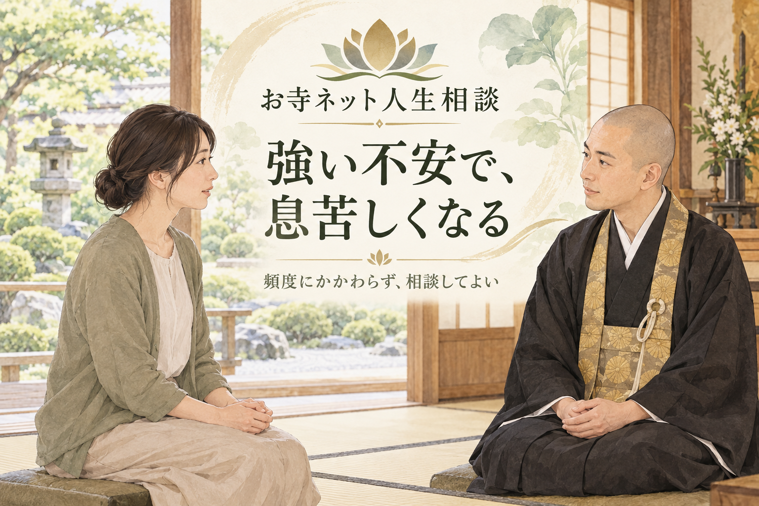 お寺ネット人生相談のロゴと、不安の悩みを日本のお坊さんに相談する人のイラスト