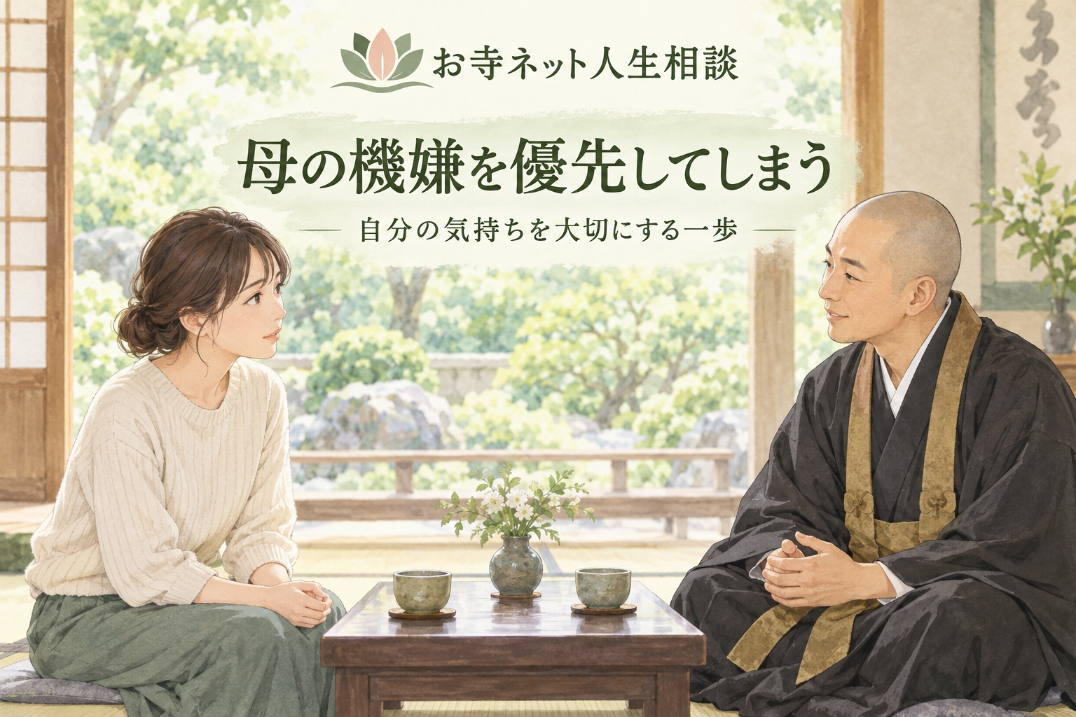 お寺ネット人生相談のロゴと、母との関係を日本のお坊さんに相談する女性のイラスト