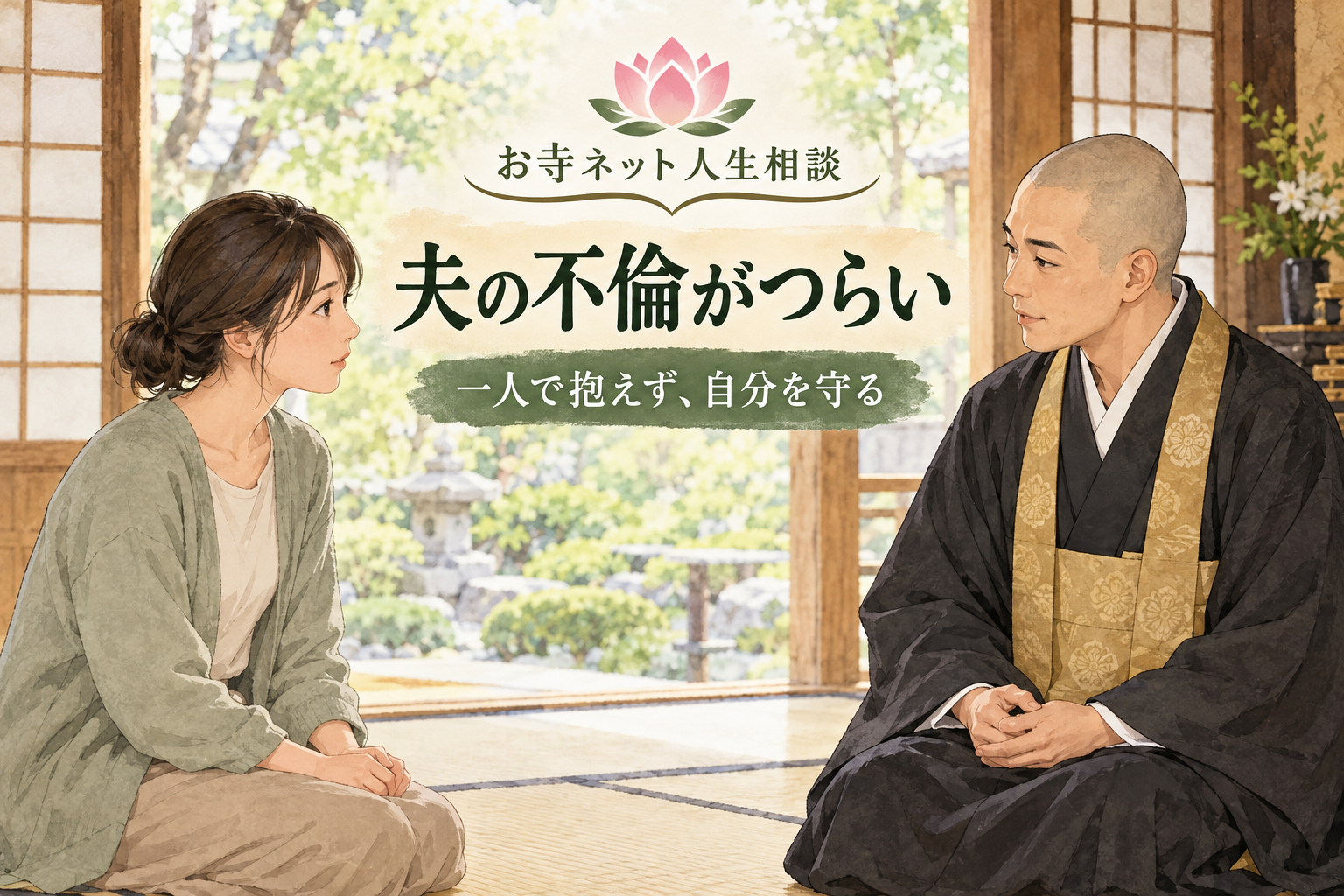 夫婦関係に悩む女性が日本のお坊さんに相談する、お寺ネット人生相談のイラスト