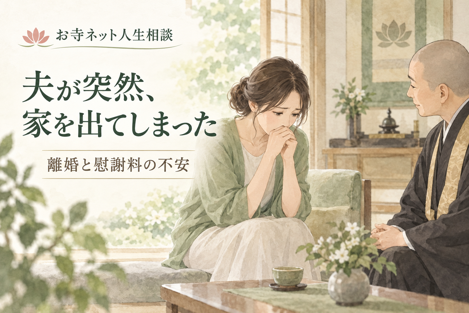 お寺ネット人生相談のロゴと「夫が突然、家を出てしまった」の文字、住職に相談する女性の水彩イラスト