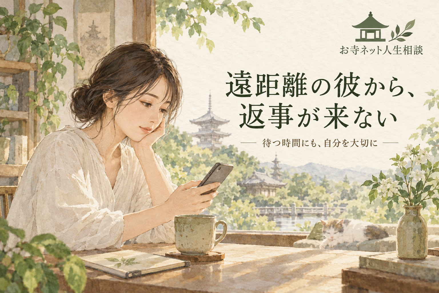 お寺ネット人生相談のロゴと「遠距離の彼から、返事が来ない」の文字、スマートフォンを持つ女性