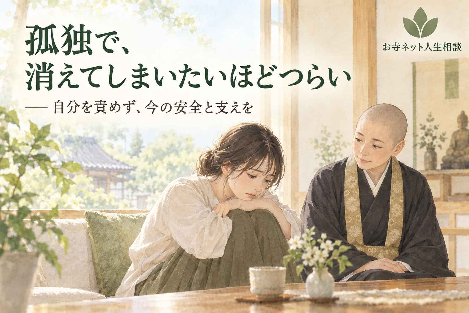 お寺ネット人生相談のロゴと「孤独で、消えてしまいたいほどつらい」の文字、女性のそばで話を聞く僧侶