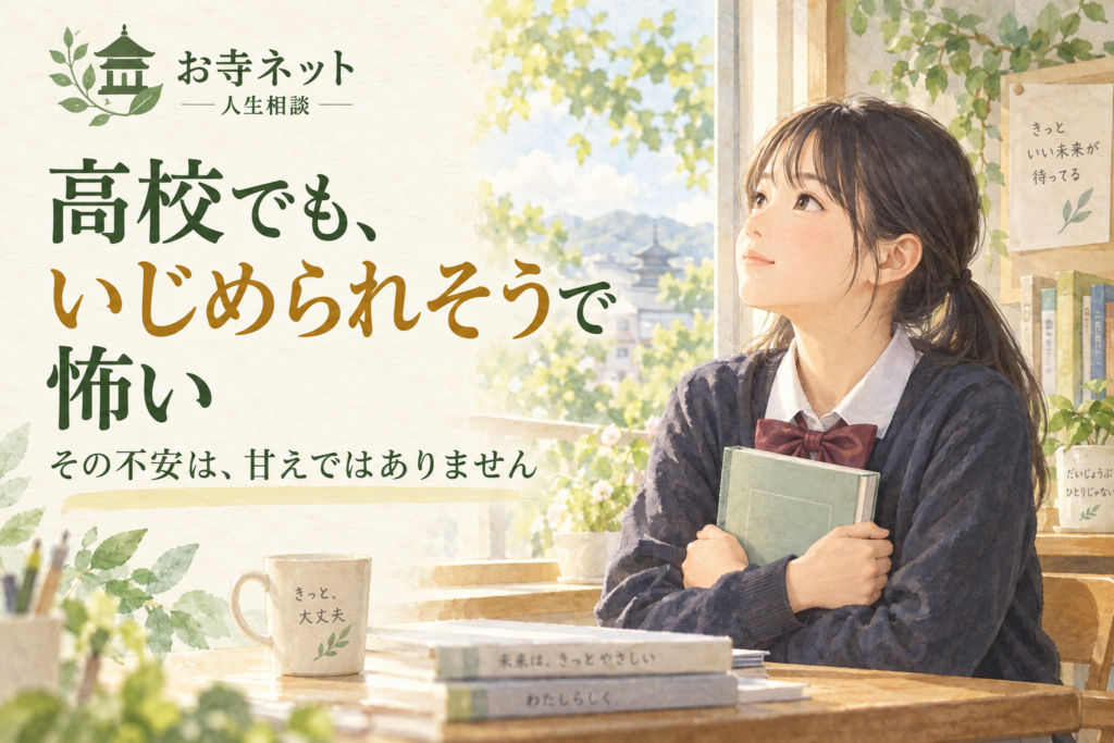お寺ネット人生相談のロゴと「高校でも、いじめられそうで怖い」の文字、ノートを抱える女子生徒