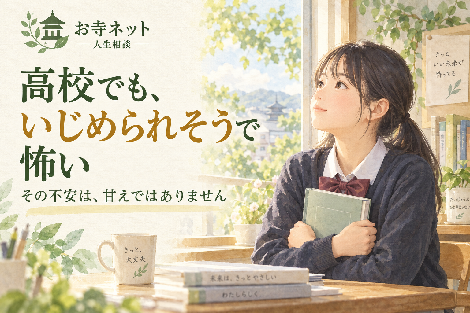 お寺ネット人生相談のロゴと「高校でも、いじめられそうで怖い」の文字、ノートを抱える女子生徒