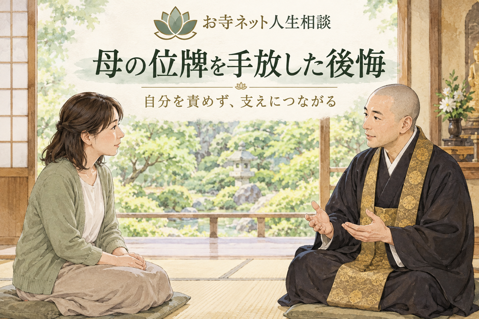お寺ネット人生相談のロゴと、母の位牌を手放した後悔を日本のお坊さんに相談する女性