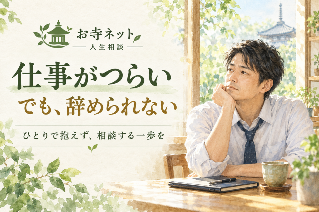 お寺ネット人生相談のロゴと「仕事がつらい でも、辞められない」の文字、窓辺で考える男性