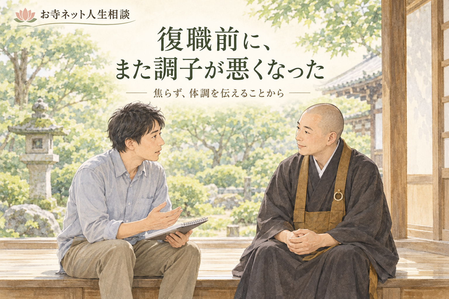 お寺ネット人生相談のロゴと「復職前に、また調子が悪くなった」の文字、一般の男性がお坊さんに相談する水彩イラスト