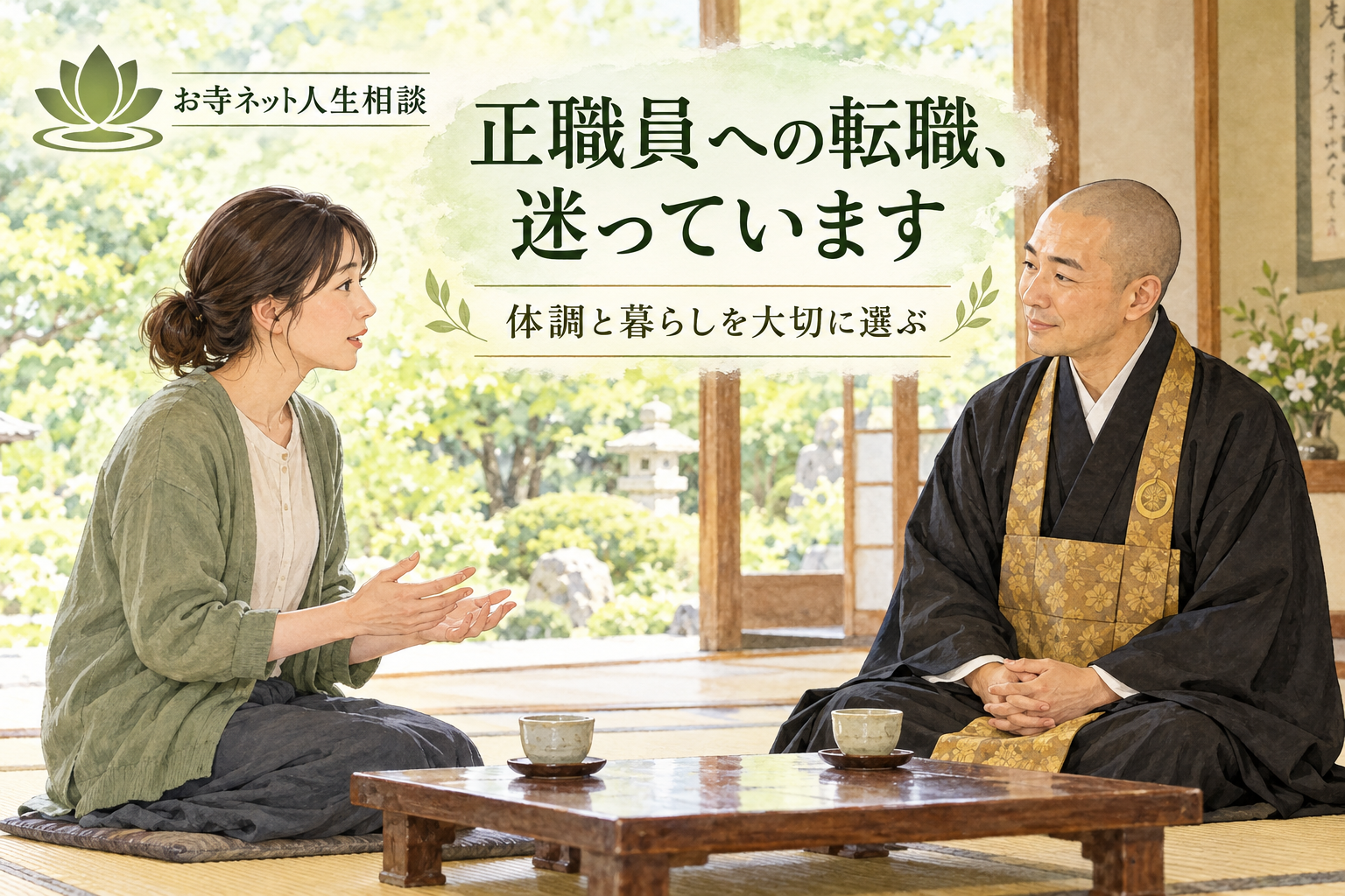 正職員への転職に迷う女性が日本のお坊さんに相談する、お寺ネット人生相談のイラスト