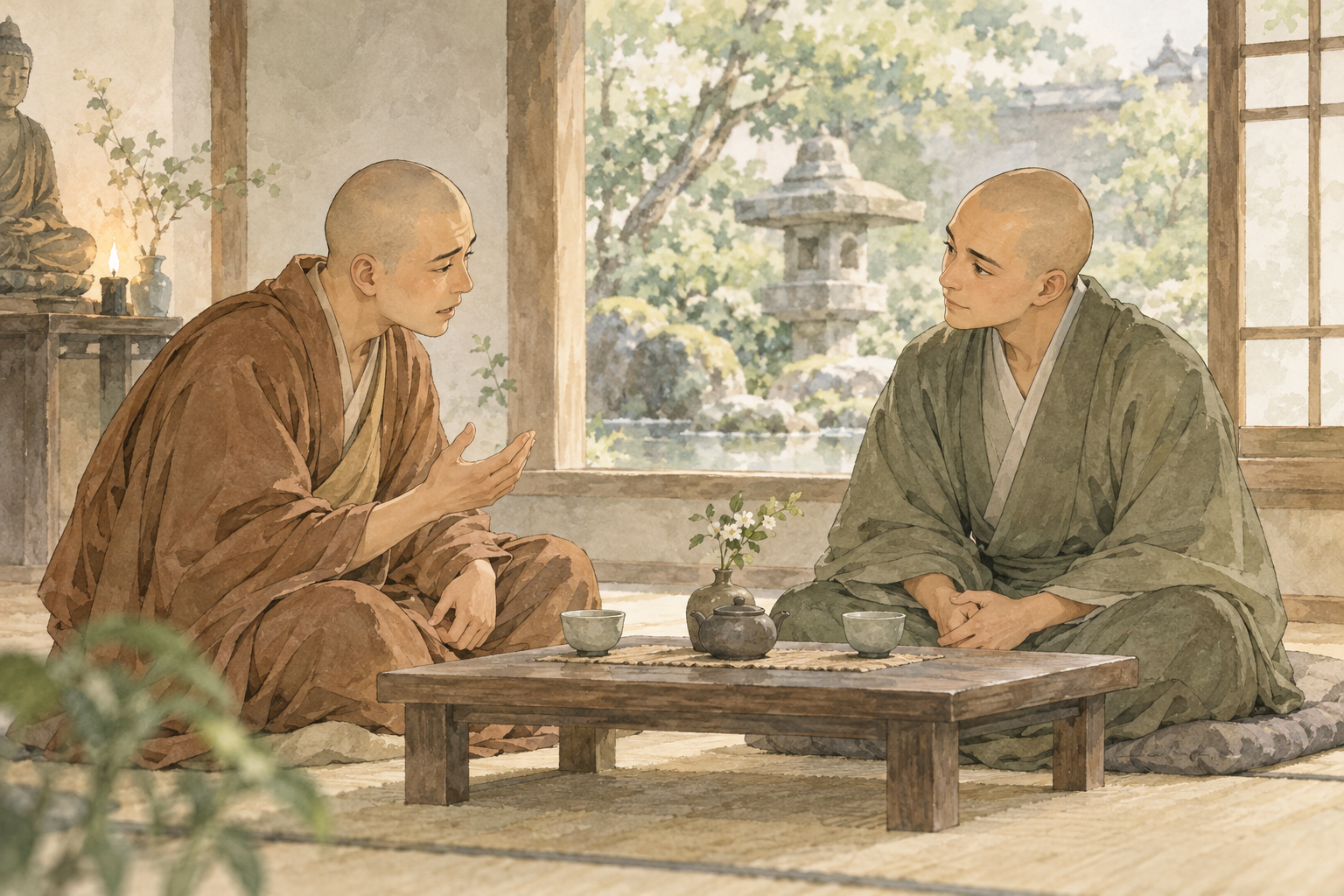 お寺の和室で二人のお坊さんが静かに話し、一人が耳を傾ける水彩イラスト