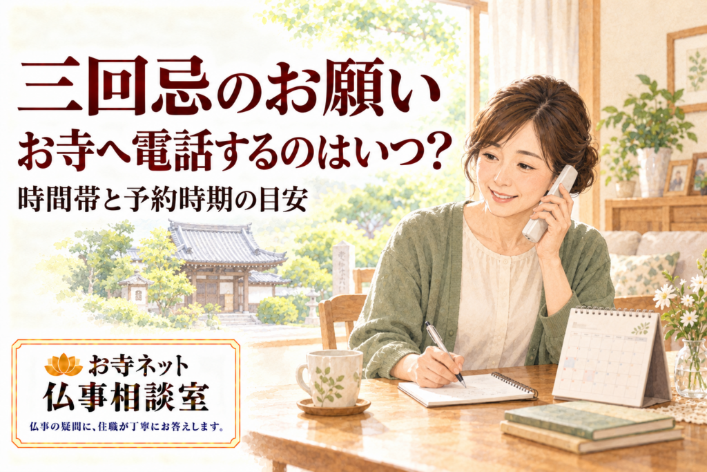 カレンダーとメモ帳を手元に、お寺へ三回忌の日程を電話で相談する女性の水彩イラスト。お寺ネット仏事相談室のロゴ入り。