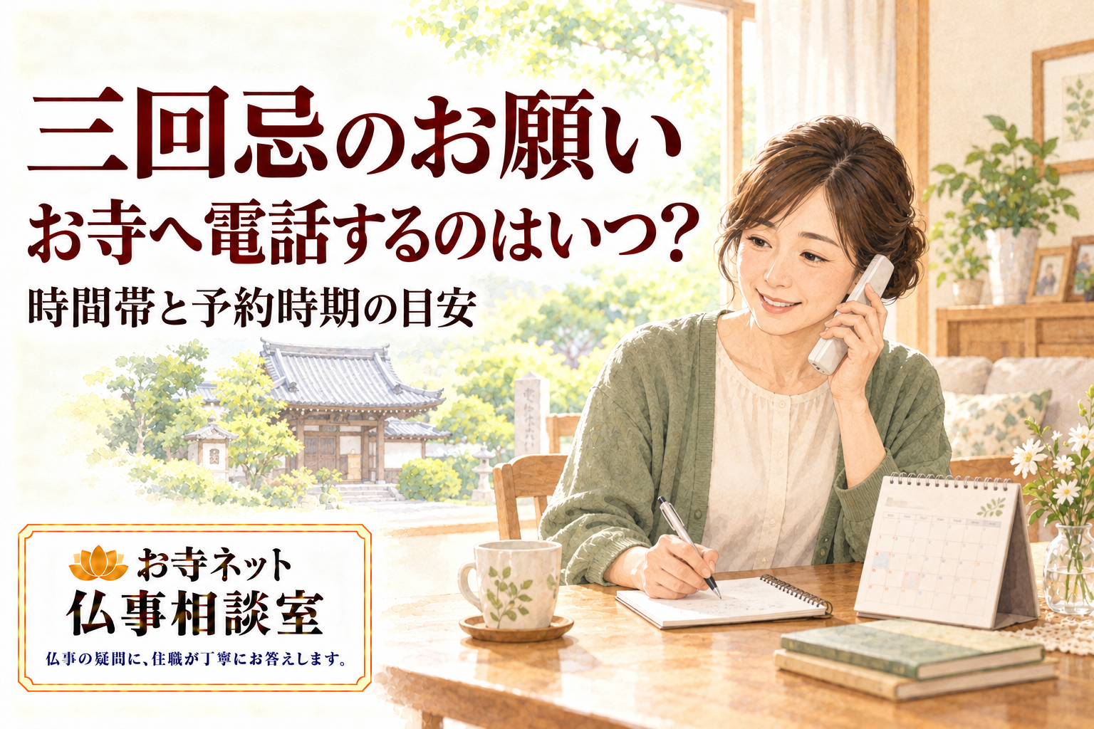 カレンダーとメモ帳を手元に、お寺へ三回忌の日程を電話で相談する女性の水彩イラスト。お寺ネット仏事相談室のロゴ入り。