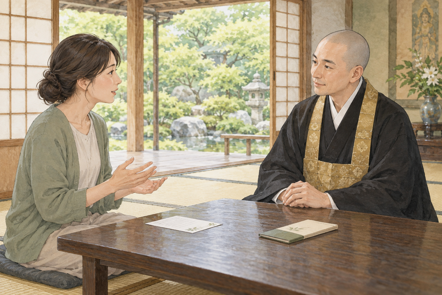 メモを前に日本のお坊さんに体調や生活の不安を話す女性