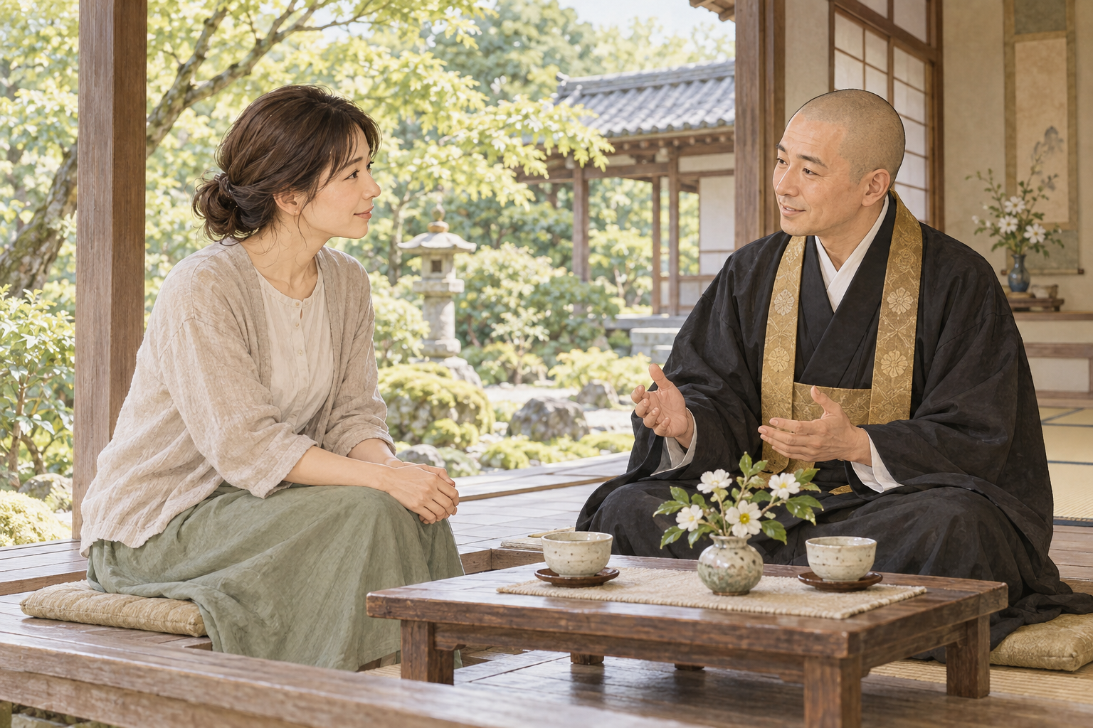 白い花を前に日本のお坊さんと母を思う気持ちを話す女性