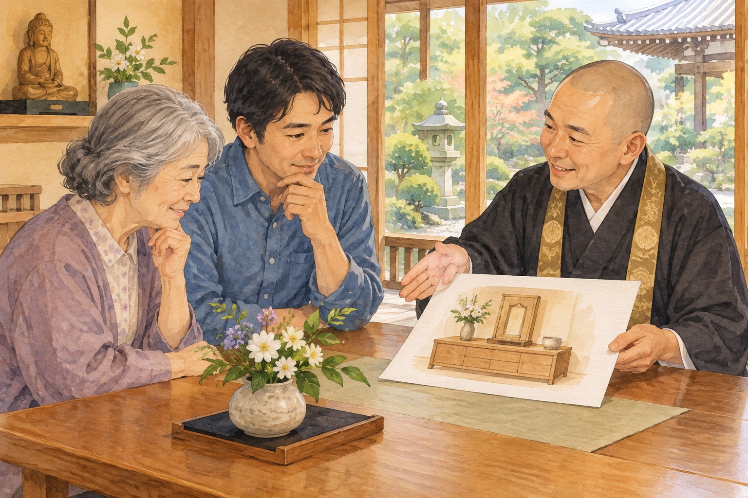 サイドボードのおまつり方の図を見ながら、家族がお寺の僧侶に相談する様子