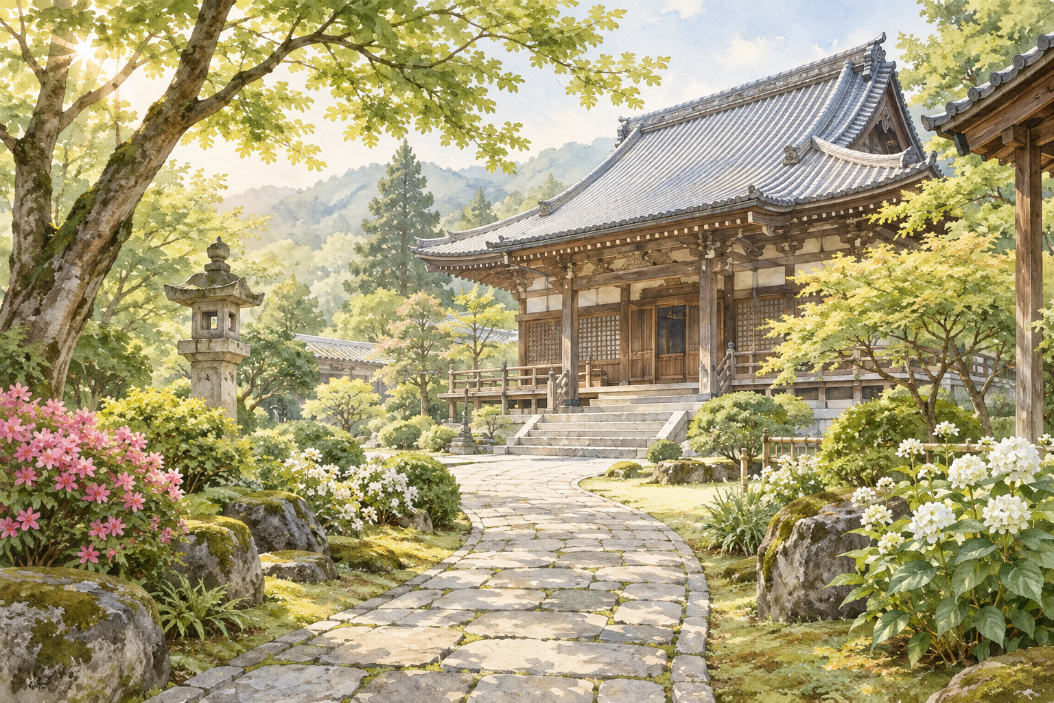 木々と花に囲まれた石畳の参道が、お寺の本堂へ続く水彩調イラスト