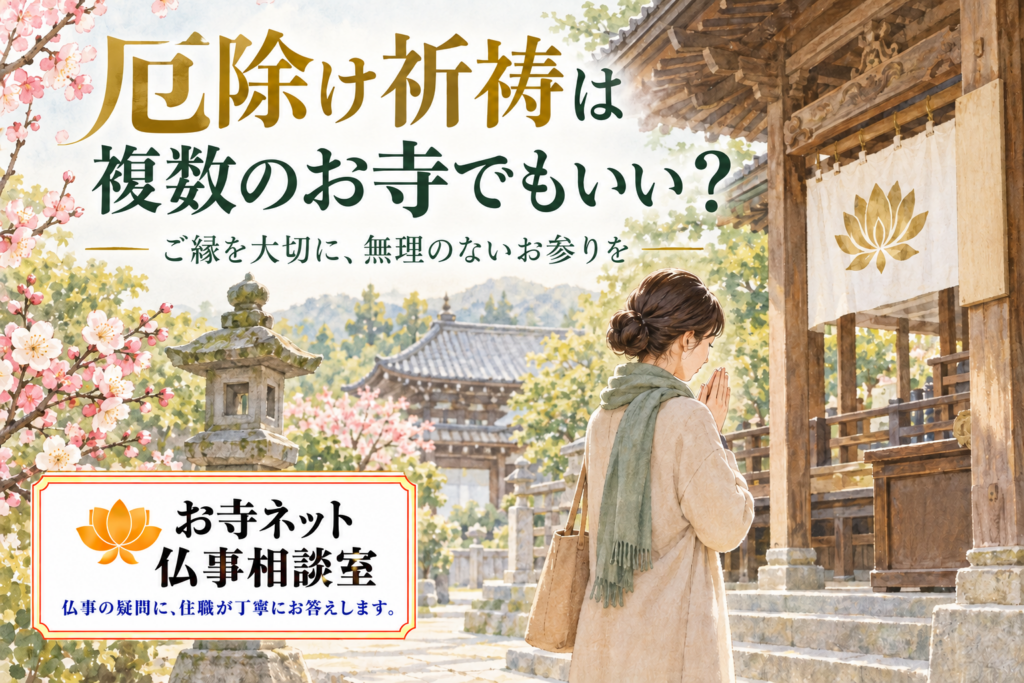 梅の咲くお寺で静かに手を合わせる参拝者と、お寺ネット仏事相談室のロゴ