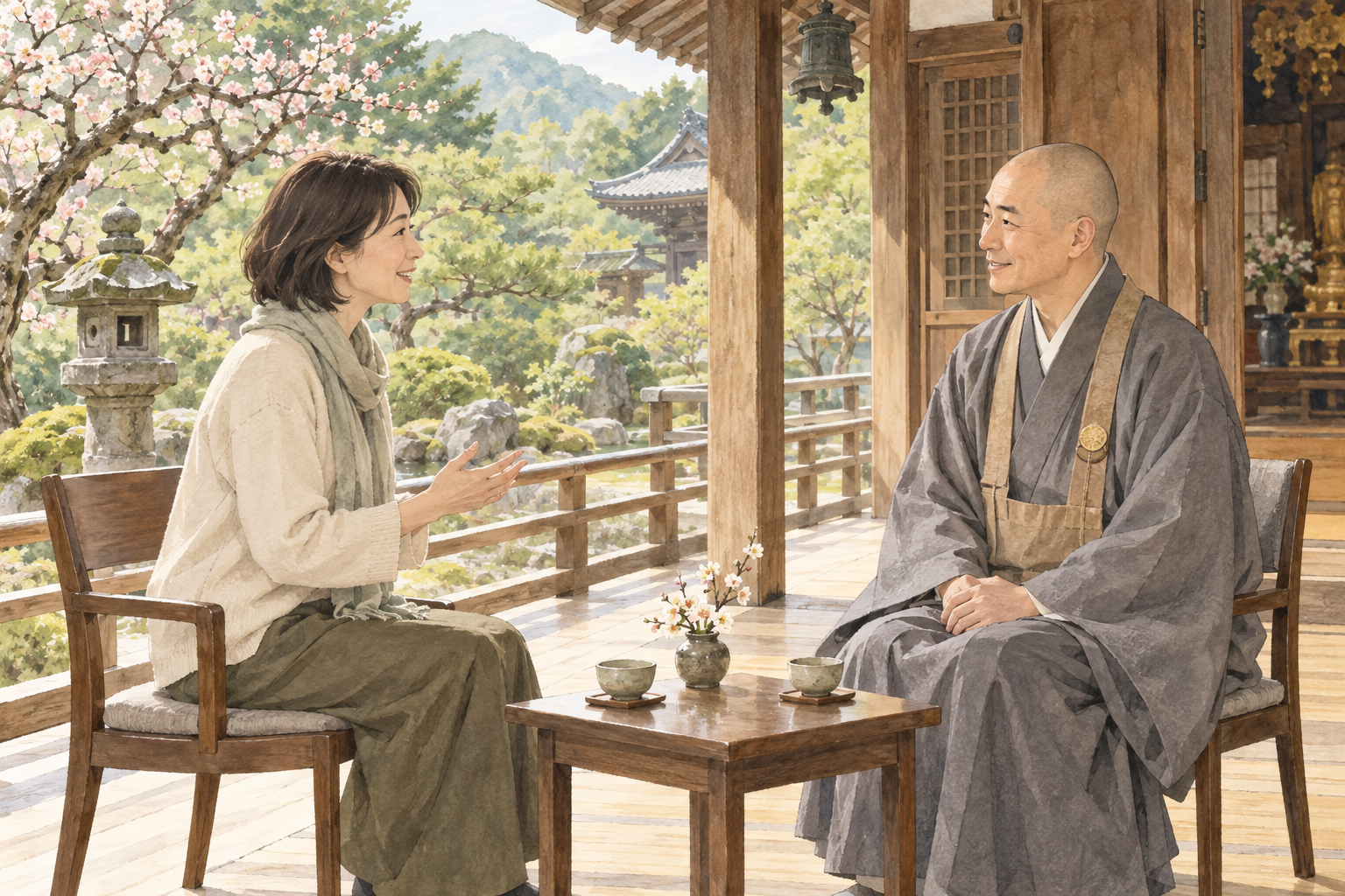 花の咲く境内を望むお寺の縁側で、参拝者が僧侶と穏やかに話すイラスト