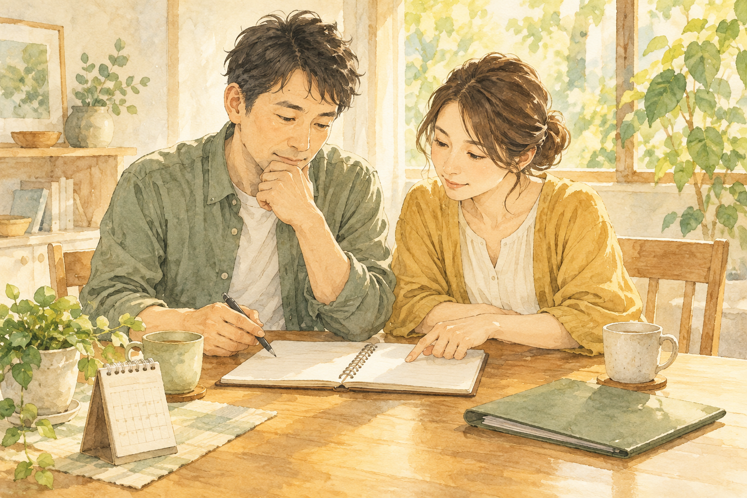 明るい食卓で、二人の大人がノートを見ながら生活の心配を整理する様子