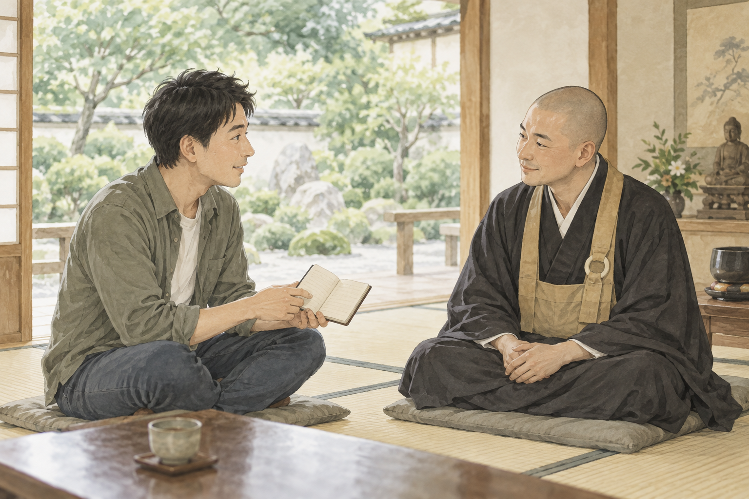 一般の男性が小さな手帳を見せながらお坊さんに相談する水彩イラスト