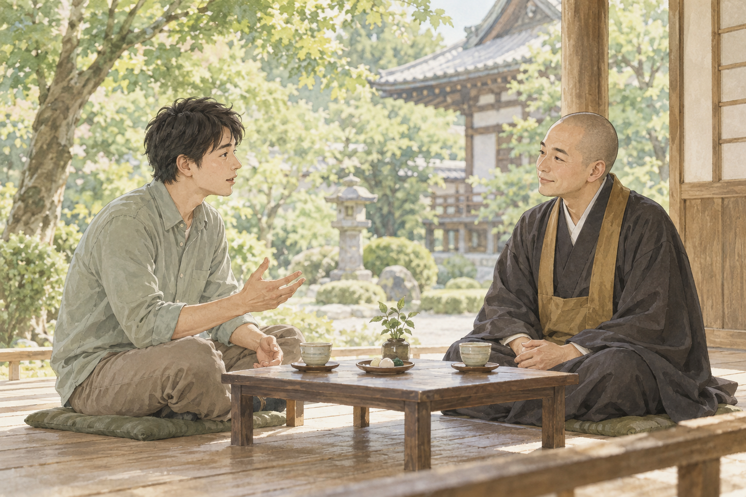 普段着の男性がお寺の縁側でお坊さんに不安を話す水彩イラスト