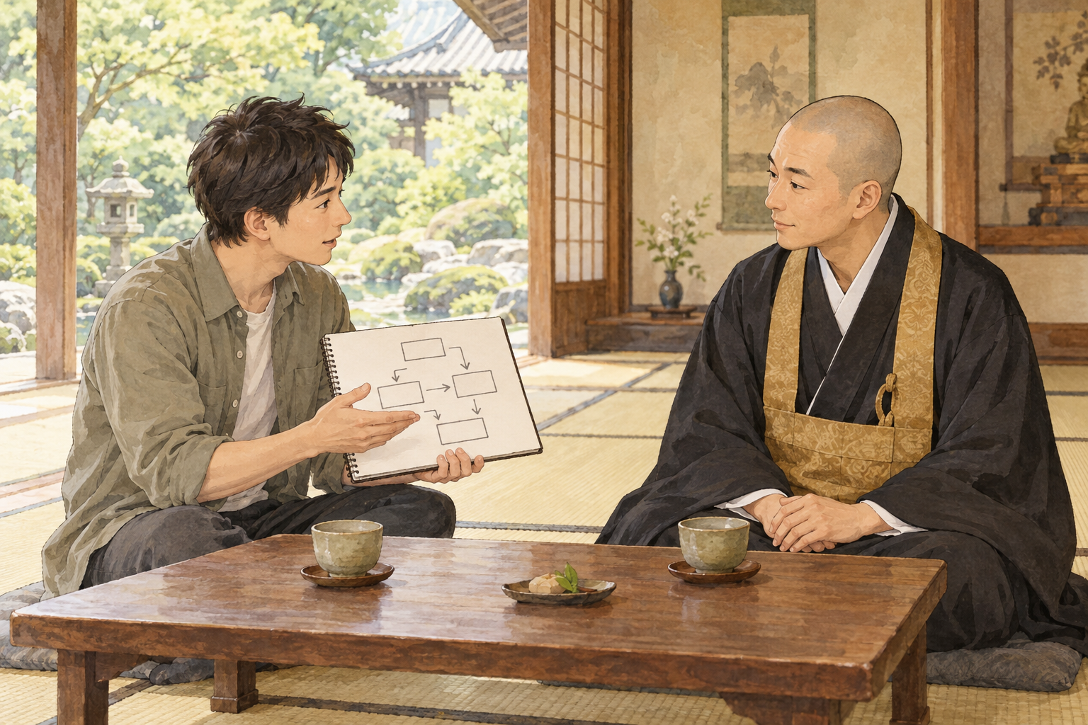 仕事の流れをノートに整理し日本のお坊さんに相談する男性